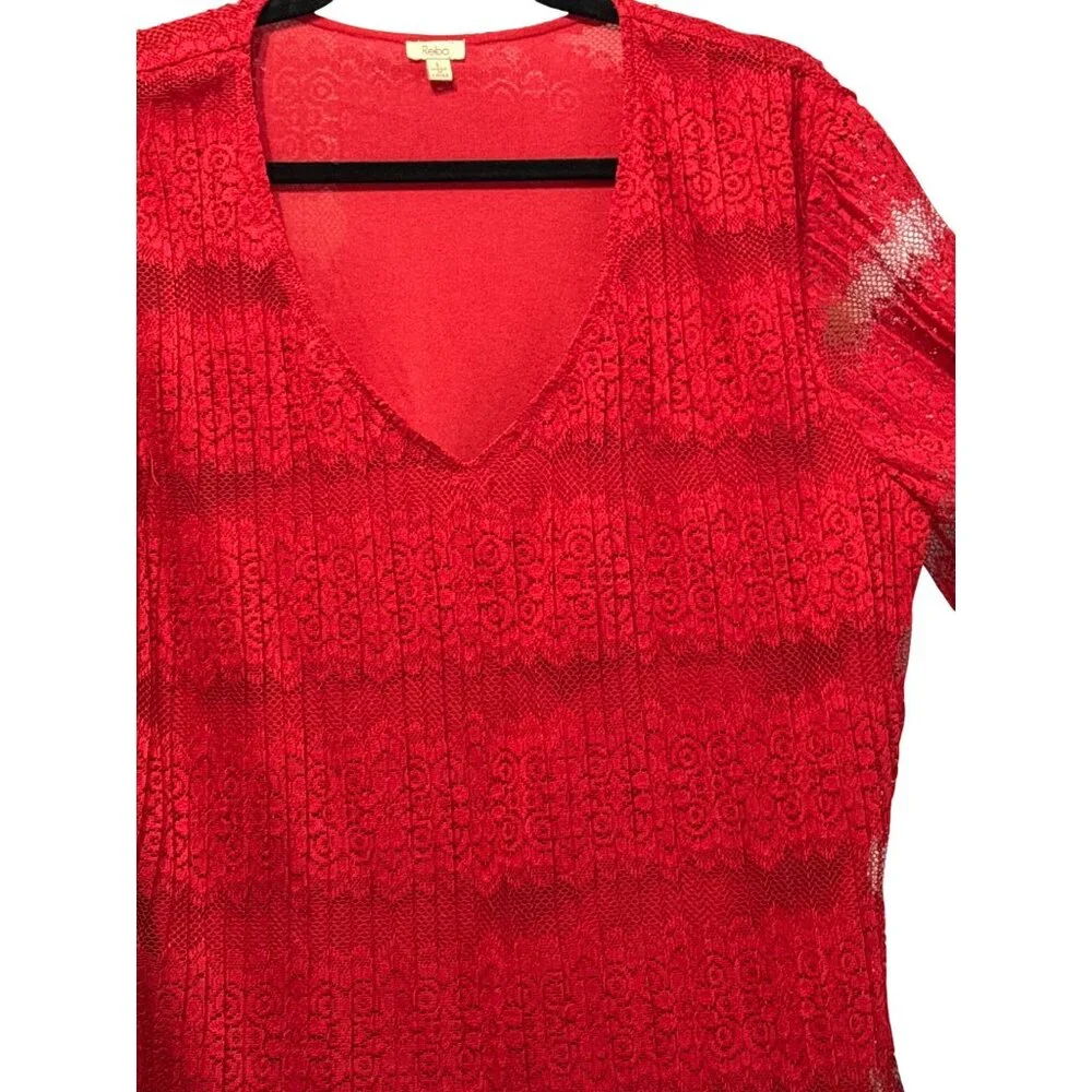 Reba Red Lace Bell Sleeve Top Lined V-Neck Womens Size L - Picture 2 of 8